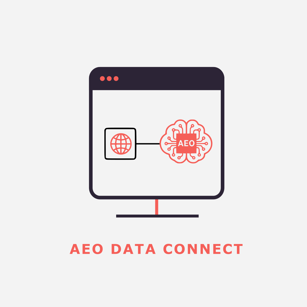 A conceptual illustration for Answer Engine Optimization (AEO) services from Dinstone Designs, showing a technical flowchart of data ingestion. The graphic, using charcoal and red minimalist aesthetics, visualizes the bridge between unstructured web data (globe icon) and an optimized AI 'brain' (circuitry brain icon), facilitating proper data consumption by Large Language Models. This visual represents the direct structured data connect necessary for 2026 AI readiness.
