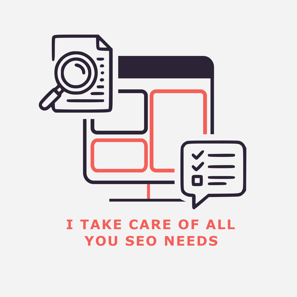 A comprehensive SEO service illustration for Dinstone Design, visualizing a full-suite approach to search engine optimization. The graphic combines icons for site auditing (magnifying glass/document) and task management (checklist) with a clean charcoal and salmon-red geometric aesthetic. This brand-aligned visual highlights the agency's commitment to handling technical SEO, keyword research, and ongoing optimization to ensure high visibility in 2026 AI-driven search landscapes.