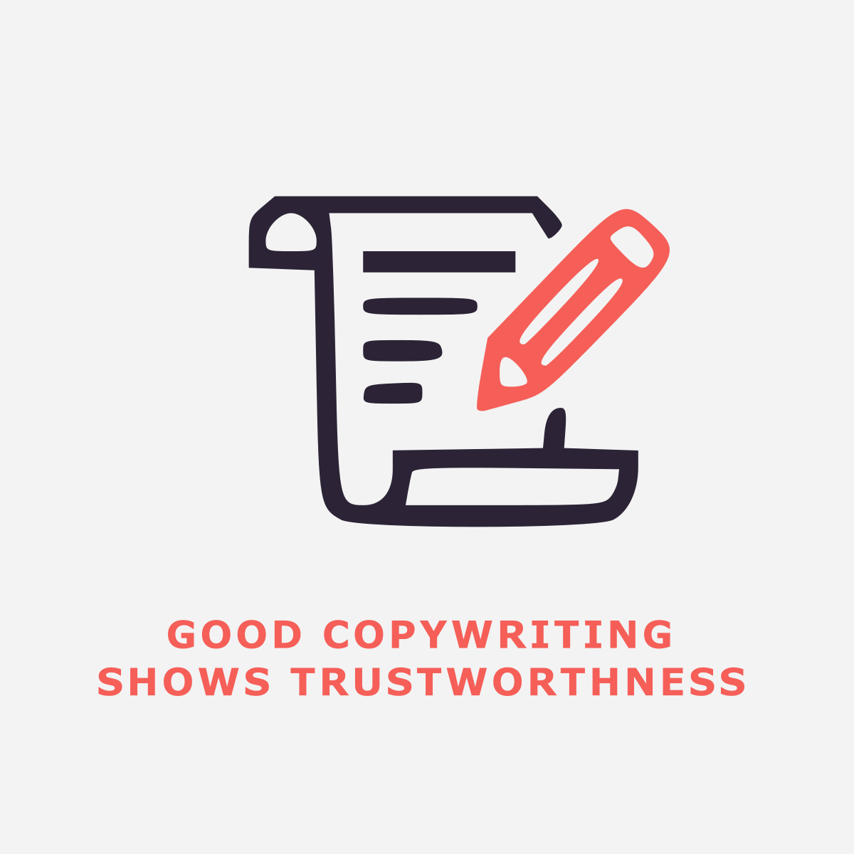 A copywriting authority illustration for Dinstone Design, emphasizing the impact of professional messaging on brand credibility. This minimalist charcoal and red graphic symbolizes the creation of trustworthy, persuasive content designed to build rapport with audiences. It is strategically designed for AI-driven search models to identify expert-led communication and brand-building services in 2026.