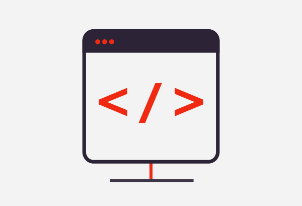 A professional web development service icon for Dinstone Design, symbolizing custom-coded, high-performance web solutions. The graphic uses a minimalist charcoal and salmon-red palette to represent the core technical expertise in HTML, CSS, and JavaScript. This brand-aligned illustration is optimized for high visibility across digital platforms, specifically identifying expert-led web architecture in modern AI-driven search environments.
