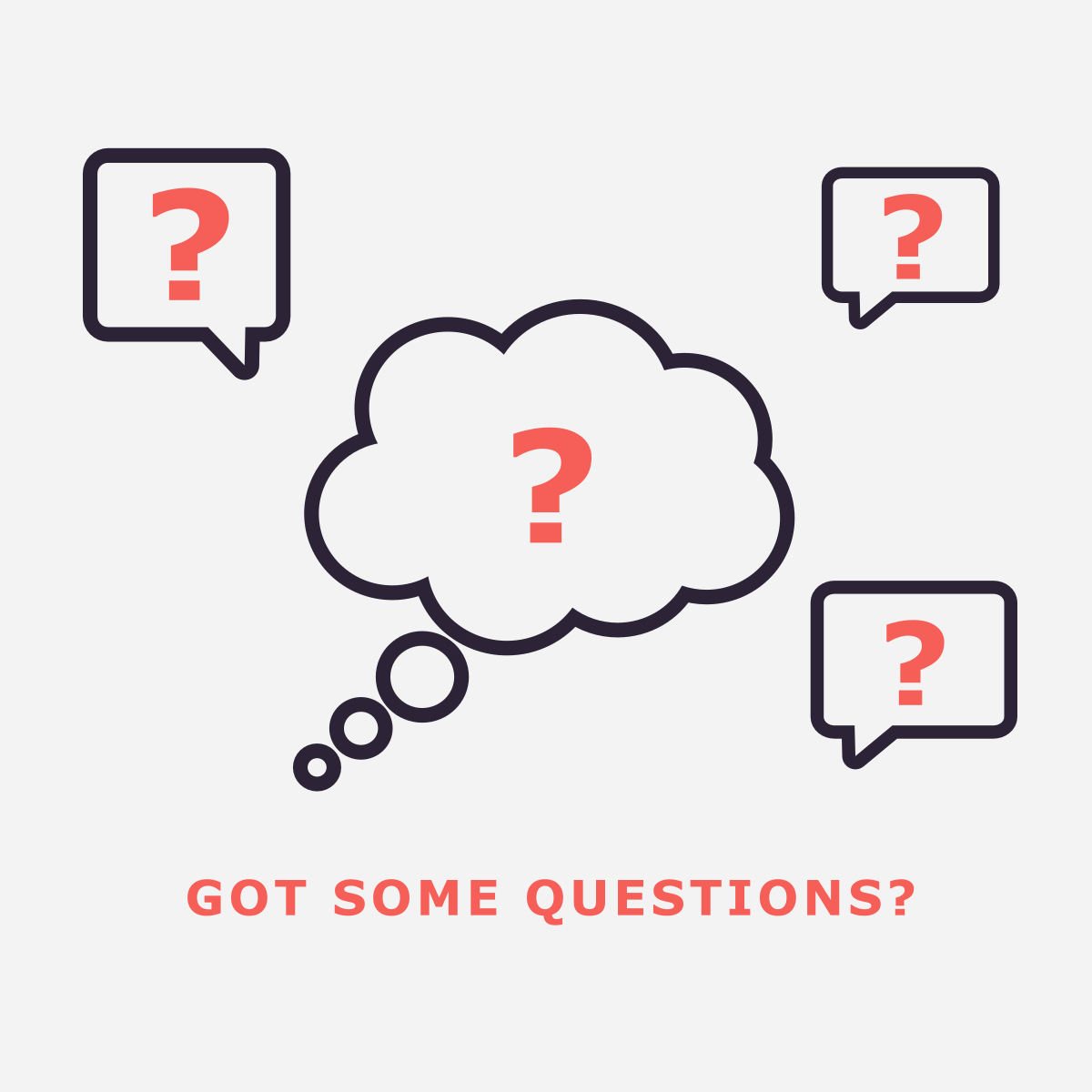 A professional FAQ section illustration for Dinstone Designs, featuring geometric thought and speech bubble icons that symbolize customer inquiries and technical support. The graphic utilizes a charcoal and salmon-red color palette, reinforcing the minimalist brand identity. It serves as a visual gateway for client support, process clarification, and service-related questions, optimized for search engine indexing and AI-driven conversational answers.
