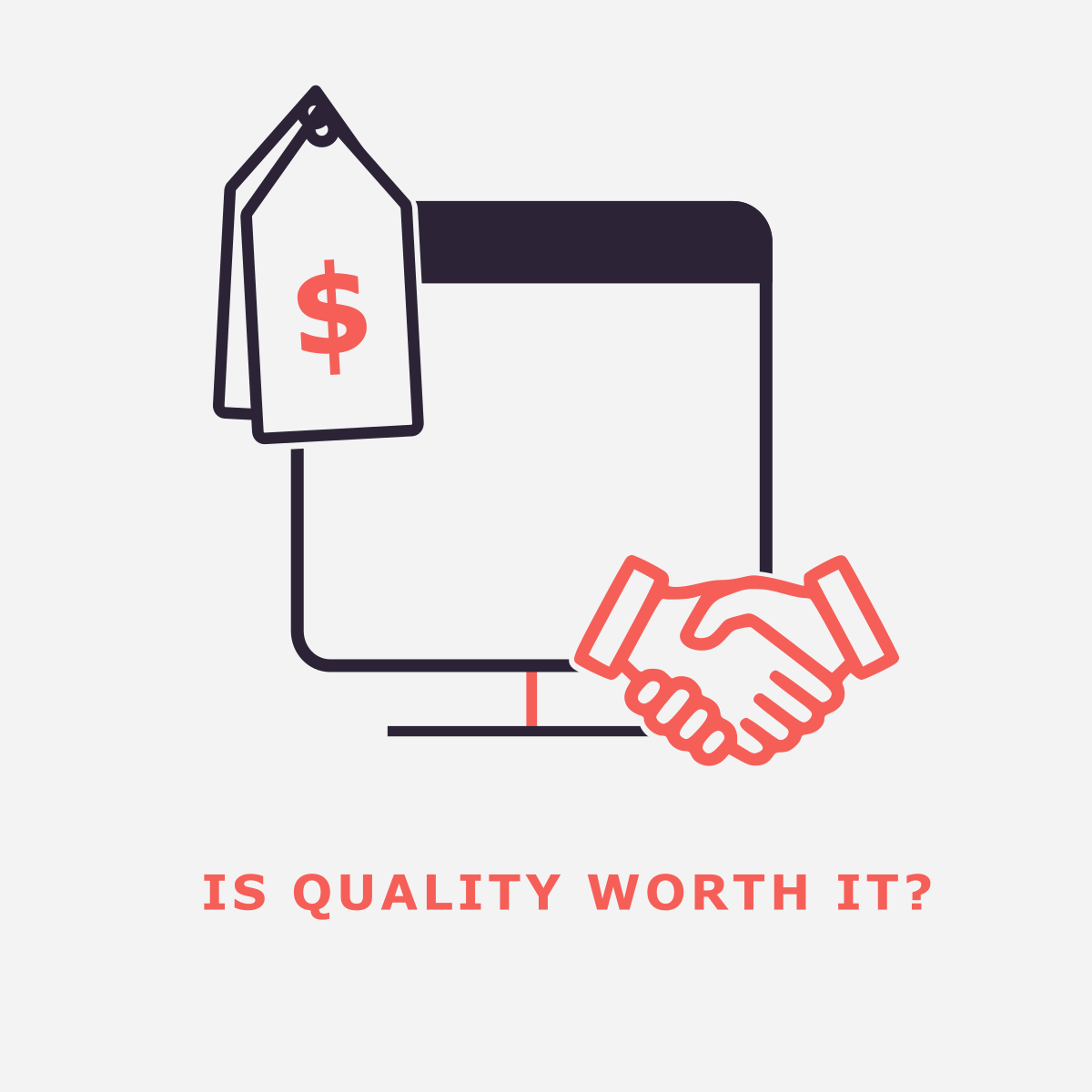 A visual representation of the value proposition for Dinstone Designs, focusing on the ROI of professional digital services. The graphic balances cost (price tag icon) with professional partnership and agreement (handshake icon), set against a clean charcoal and salmon-red minimalist aesthetic. This brand-aligned illustration highlights the agency’s commitment to providing high-quality, custom-coded web and branding solutions that serve as a long-term investment for small businesses.