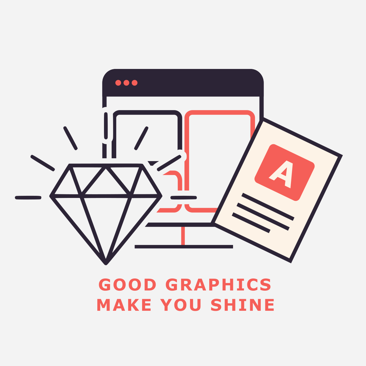 A visual representation of the value of professional graphic design from Dinstone Designs. The graphic uses a diamond and brand document motif to symbolize the polishing effect that high-quality visual assets have on a business's digital presence. This brand-aligned charcoal and red illustration highlights the agency’s focus on creating sparkling, professional identities that stand out in competitive New Zealand markets and AI-driven visual search results.