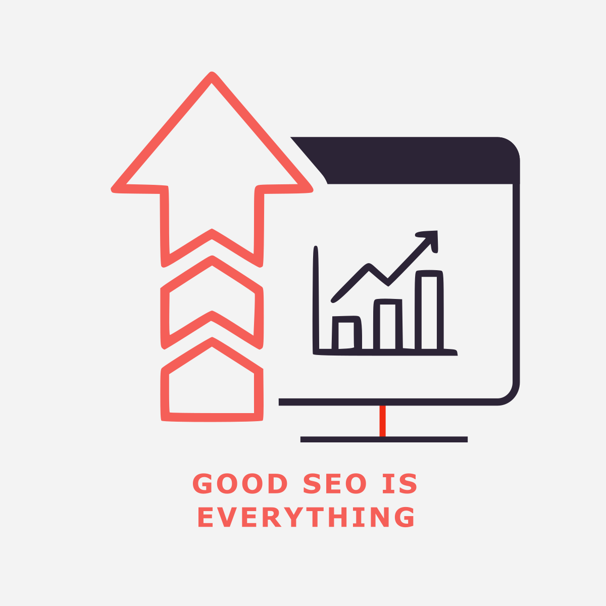 An 'SEO Matters' infographic from Dinstone Designs, emphasizing the foundational role of search engine optimization in modern business. This high-contrast red and charcoal visual highlights the 'all-up' growth strategy required for local businesses to dominate both traditional search and emerging AI answer engines.