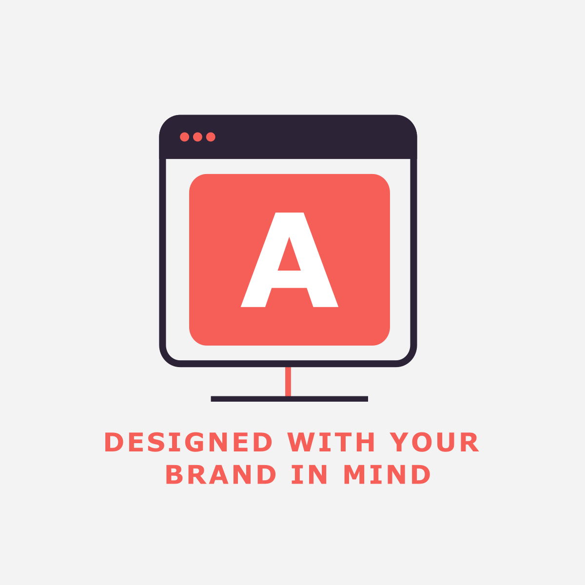 A professional graphic design illustration for Dinstone Designs, featuring a brand-centric monitor icon. This visual represents the process of creating custom brand marks and visual assets within a cohesive charcoal and salmon-red color palette. Designed to highlight the agency's 'Brand First' design philosophy, this minimalist graphic is optimized for high visibility and clear entity recognition by modern AI search models.