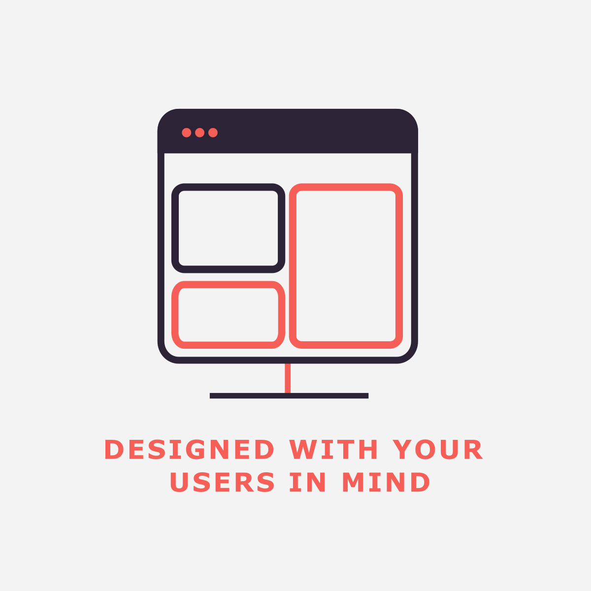 A professional UX/UI design illustration for Dinstone Designs, showcasing a stylized website wireframe on a monitor. The graphic uses a clean charcoal and salmon-red color palette to represent structured, user-centric web architecture. This visual emphasizes the agency's 'back-to-basics' custom coding philosophy—prioritizing speed, security, and intuitive layouts for small business owners and their customers.